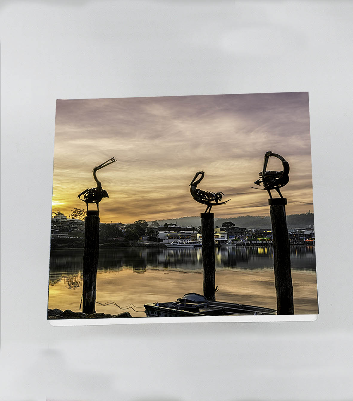 Single square ceramic coaster — Pelicans Merimbula Lake NSW