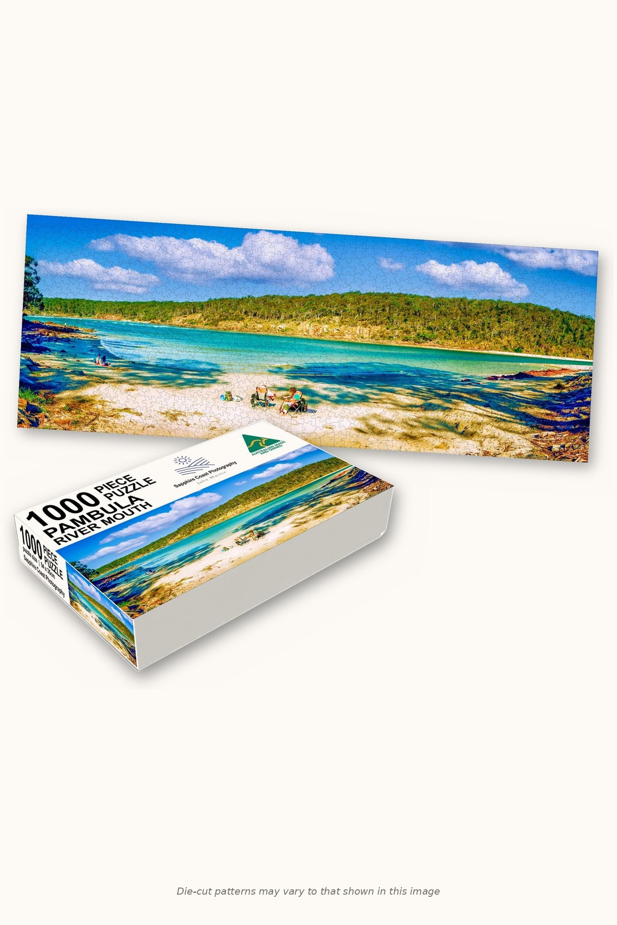 Pambula River Mouth 1000-piece jigsaw puzzle — the finished puzzle with its box, Pambula NSW