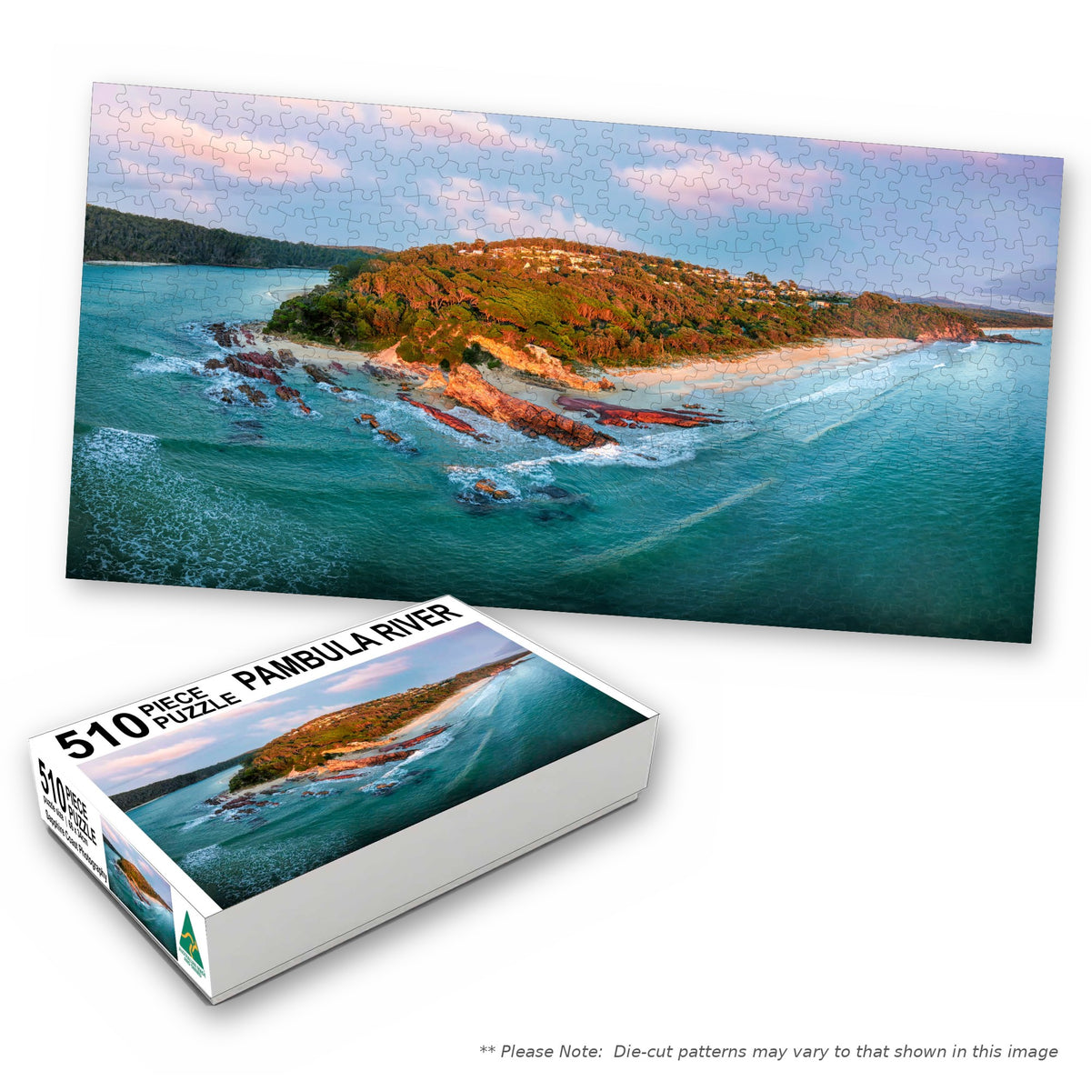 Pambula River 510-piece jigsaw box with the completed puzzle, Pambula NSW