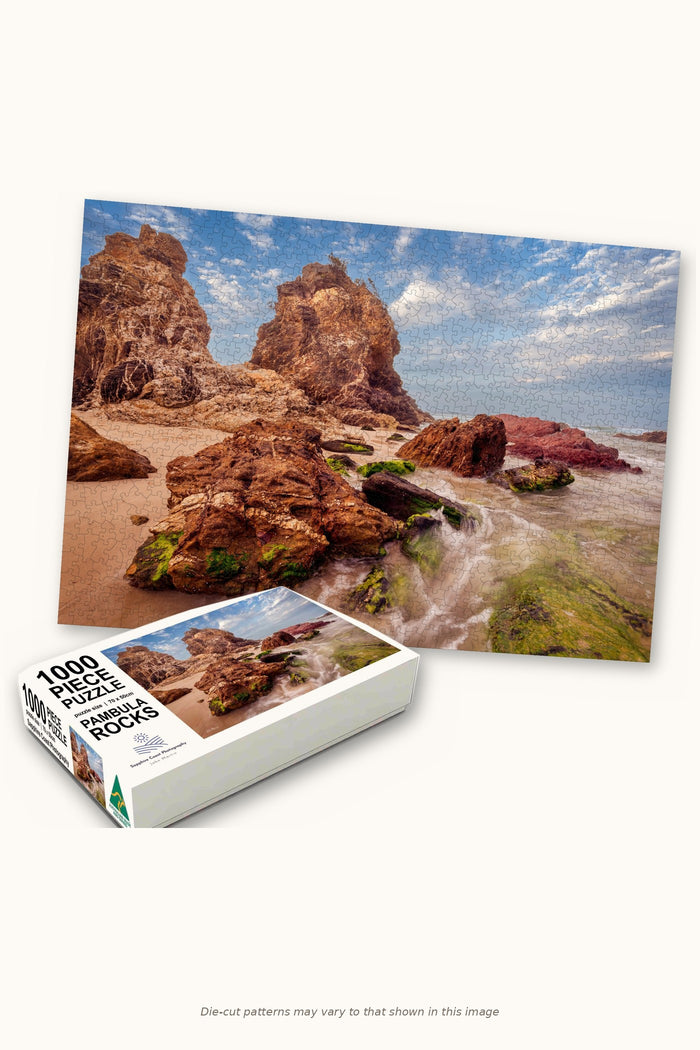 Pambula Rocks 1000-piece jigsaw puzzle — the finished puzzle with its box, Pambula Beach NSW