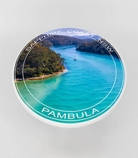 Single round ceramic coaster with text — Pambula River NSW