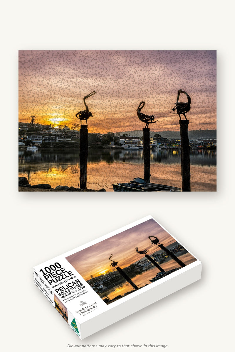 Pelican Sculptures 1000-piece jigsaw puzzle — the finished puzzle with its box, Merimbula NSW