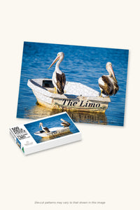 Pelicans' Limo 500-piece jigsaw puzzle — the finished puzzle with its box, Merimbula Lake NSW