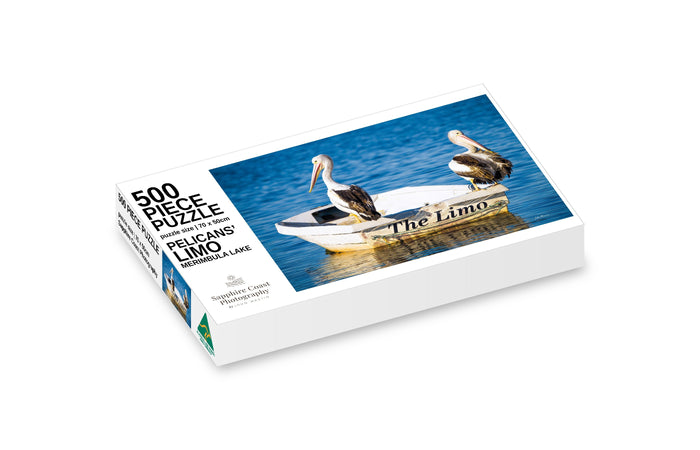 Pelicans' Limo jigsaw puzzle, 500 piece — two pelicans on The Limo dinghy, Merimbula Lake, Sapphire Coast Photography