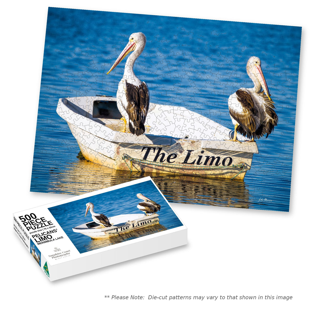 Pelicans' Limo 500-piece jigsaw box with the completed puzzle, Merimbula Lake NSW