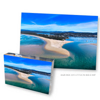 Merimbula Lake acrylic block, 12.5 x 17.5 cm, with the full aerial photograph of the lake and sandbar, NSW