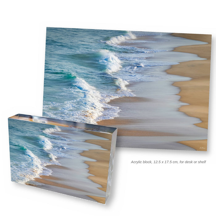 Main Beach waves acrylic block, 12.5 x 17.5 cm, with the full photograph of waves on golden sand, Merimbula NSW