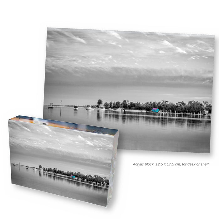 Mitchies Jetty splash of colour acrylic block, 12.5 x 17.5 cm, with the full black and white photograph, Merimbula NSW