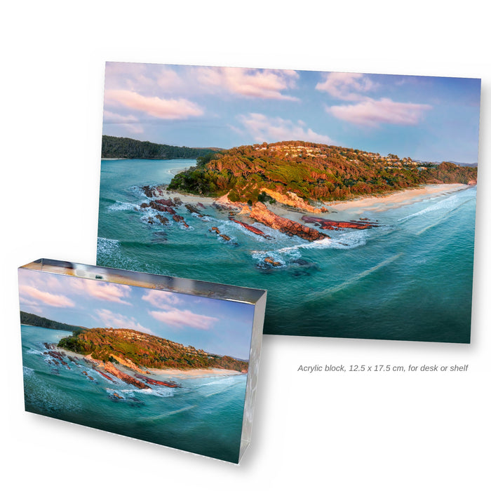 Pambula Beach from the ocean acrylic block, 12.5 x 17.5 cm, with the full aerial photograph, NSW
