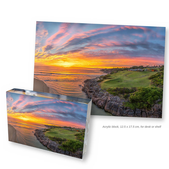 Short Point New Day acrylic block, 12.5 x 17.5 cm, with the full sunrise photograph, Merimbula NSW