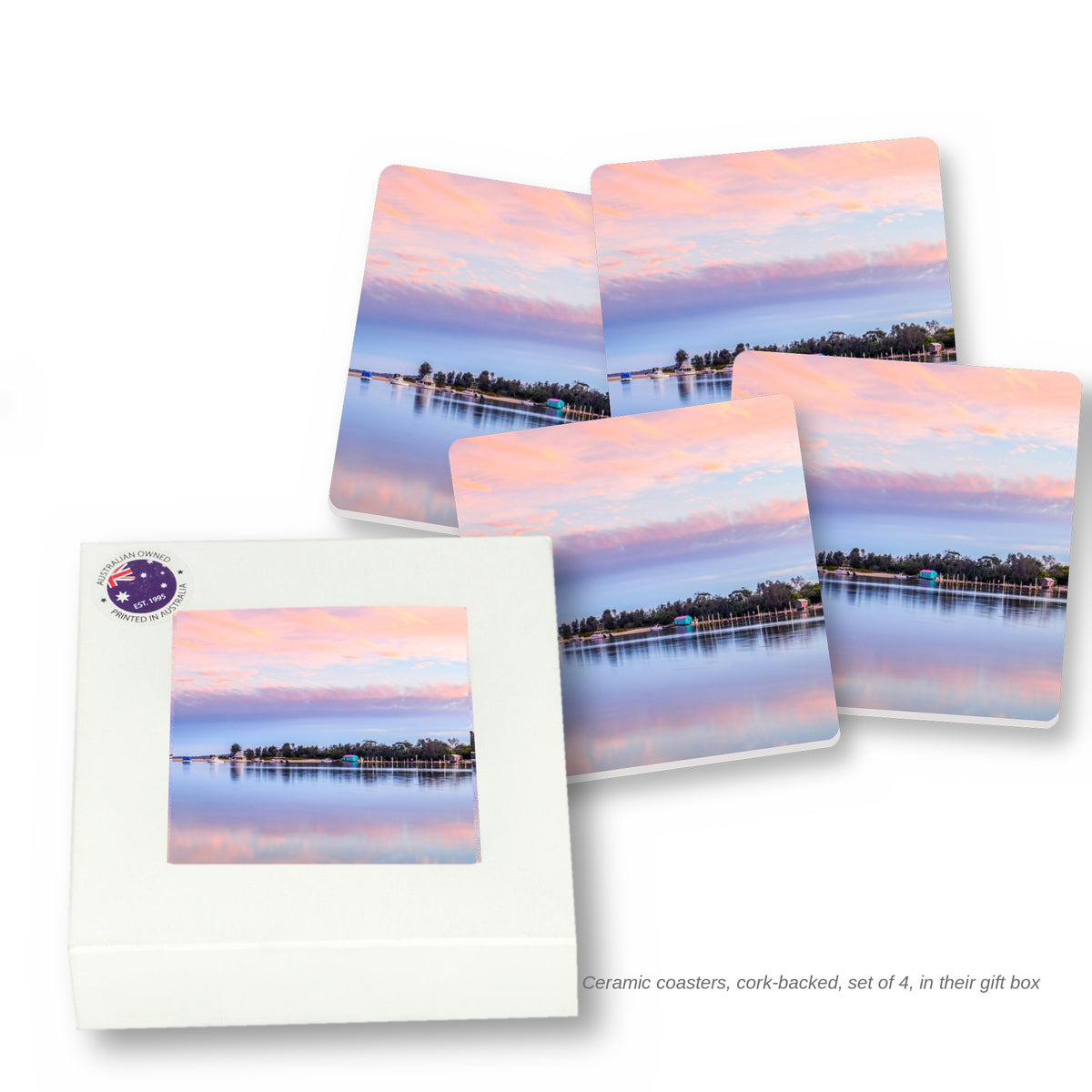 Mitchies Jetty boatshed square ceramic coasters, set of four, with their gift box, Merimbula NSW