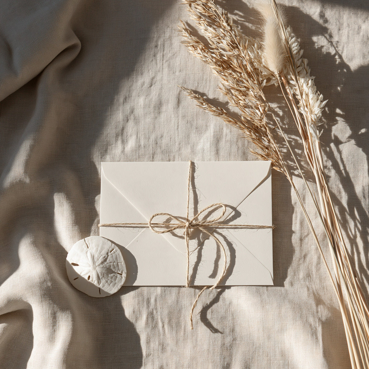 Sapphire Coast Photography gift card — cream envelope tied with twine on linen with a sand dollar and dried coastal grasses