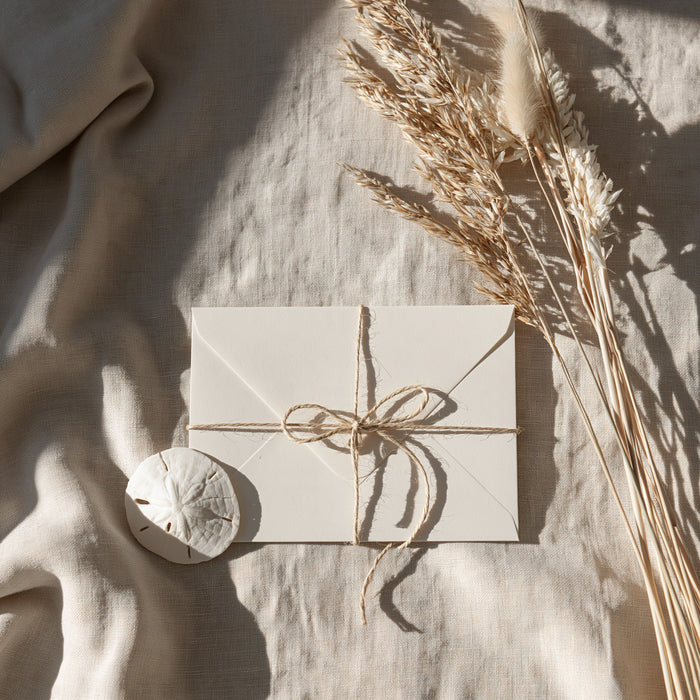 Sapphire Coast Photography gift card — cream envelope tied with twine on linen with a sand dollar and dried coastal grasses