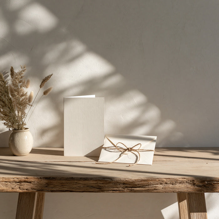 Sapphire Coast Photography gift card — blank card and twine-tied envelope on an oak bench