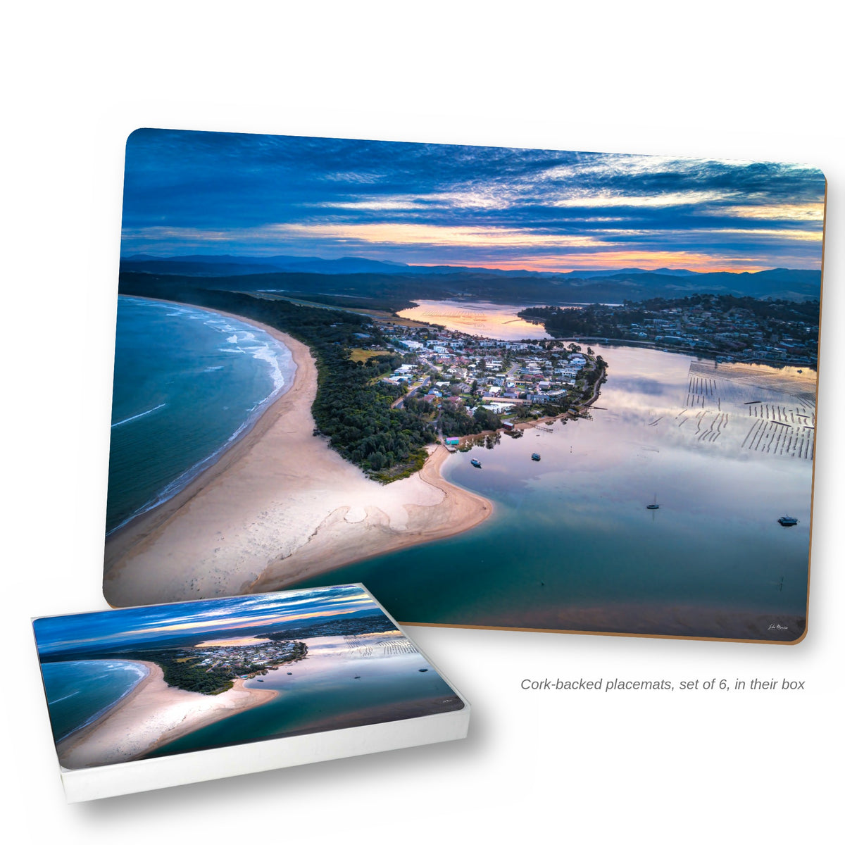 Fishpen on Dusk cork-backed placemats, set of six, with their box — Fishpen Peninsula aerial at dusk, Merimbula NSW