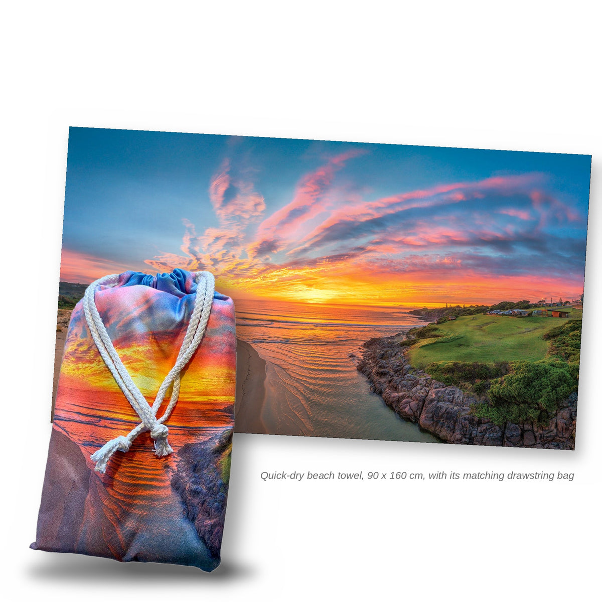 Short Point quick dry beach towel with its matching drawstring bag, Merimbula NSW