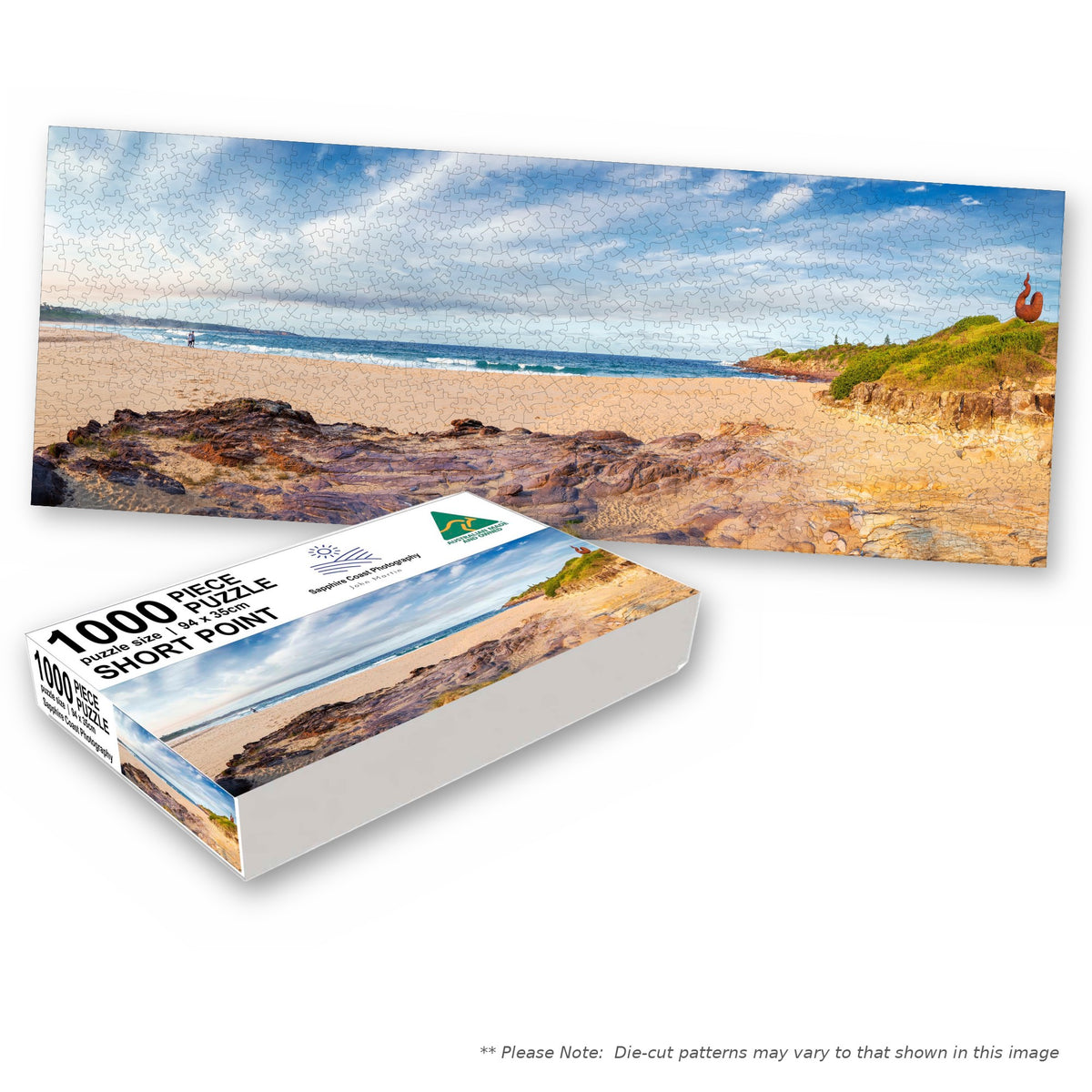 Short Point Beach 1000-piece jigsaw box with the completed puzzle, Merimbula NSW