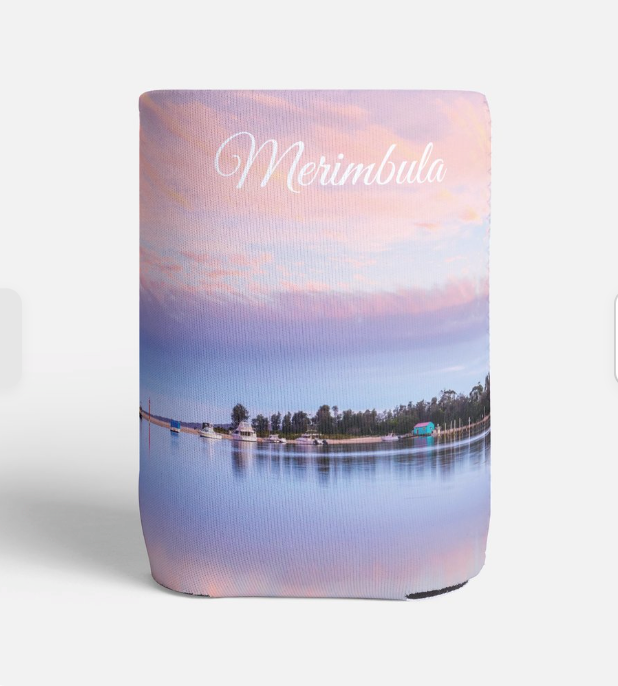 Stubby holder — Mitchies Jetty at pink sunset, Merimbula Lake NSW