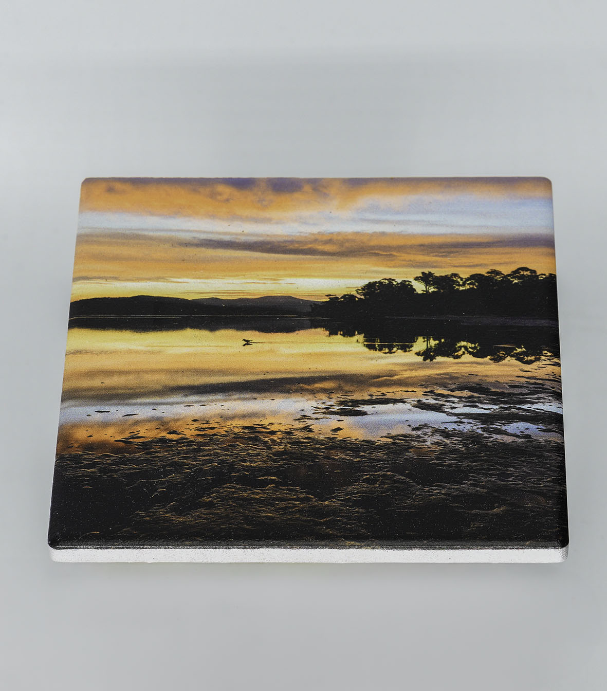 Single square ceramic coaster — Top Lake at sunset, Merimbula NSW Sapphire Coast