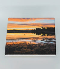 Single square ceramic coaster — Top Lake at sunset, Merimbula NSW Sapphire Coast