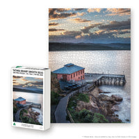 Tathra Wharf Smooth Seas 1000-piece jigsaw box with the completed puzzle, Tathra NSW