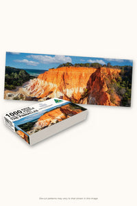 The Pinnacles 1000-piece jigsaw puzzle — the finished puzzle with its box, Beowa National Park near Pambula NSW