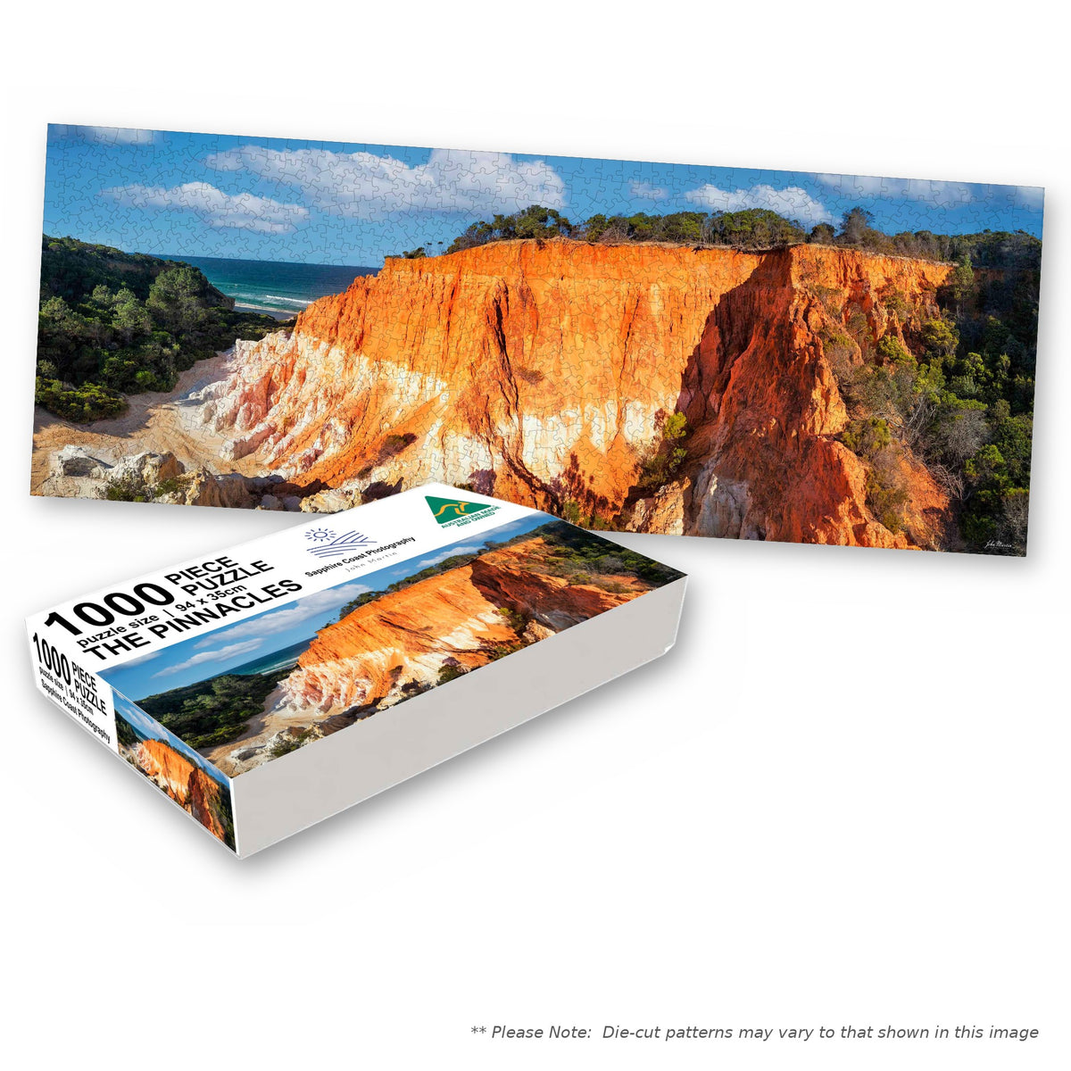 The Pinnacles 1000-piece jigsaw box with the completed puzzle, Beowa National Park near Pambula NSW