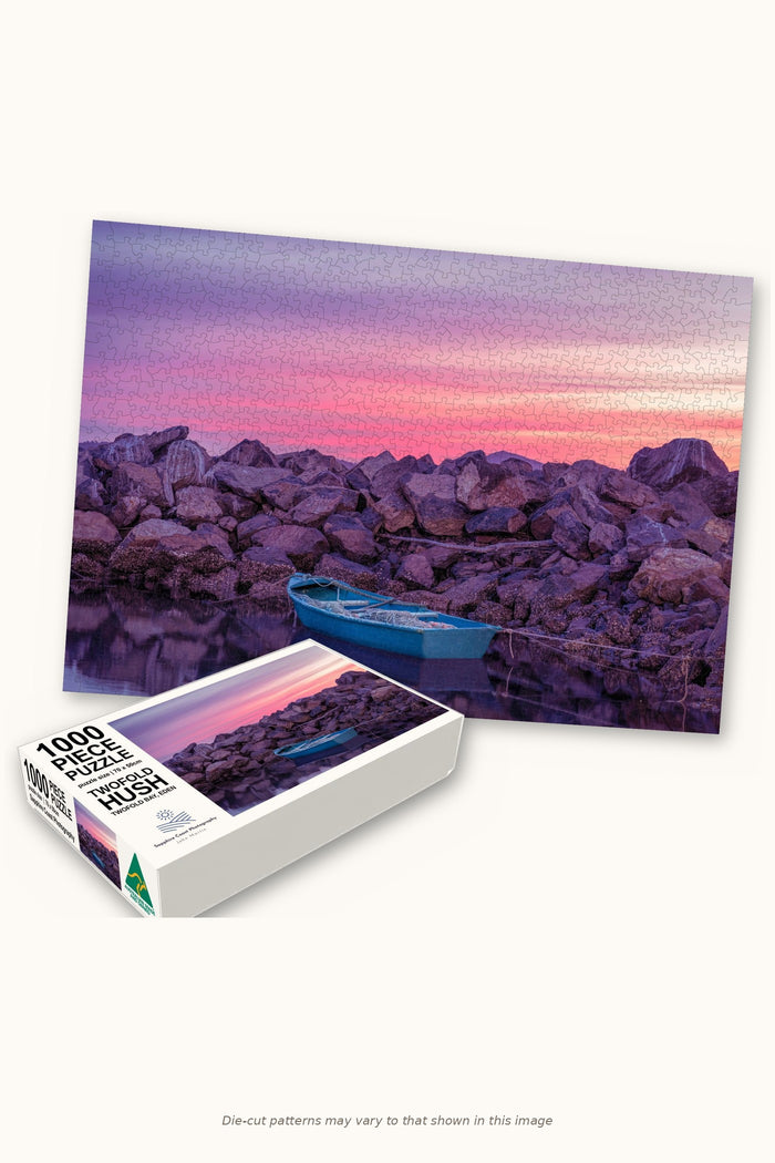 Twofold Hush 1000-piece jigsaw puzzle — the finished puzzle with its box, Twofold Bay, Eden NSW