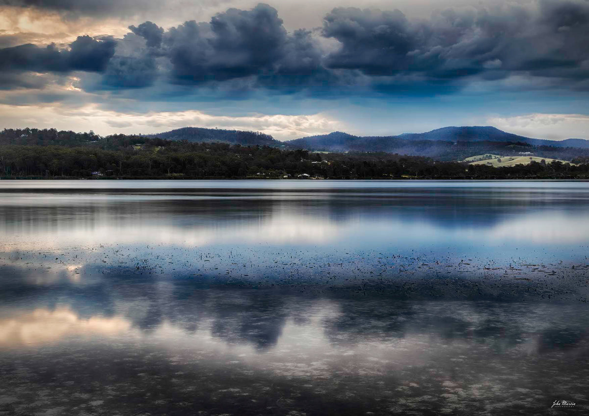 Top Lake Merimbula storm clouds print, dramatic sky reflected in lake